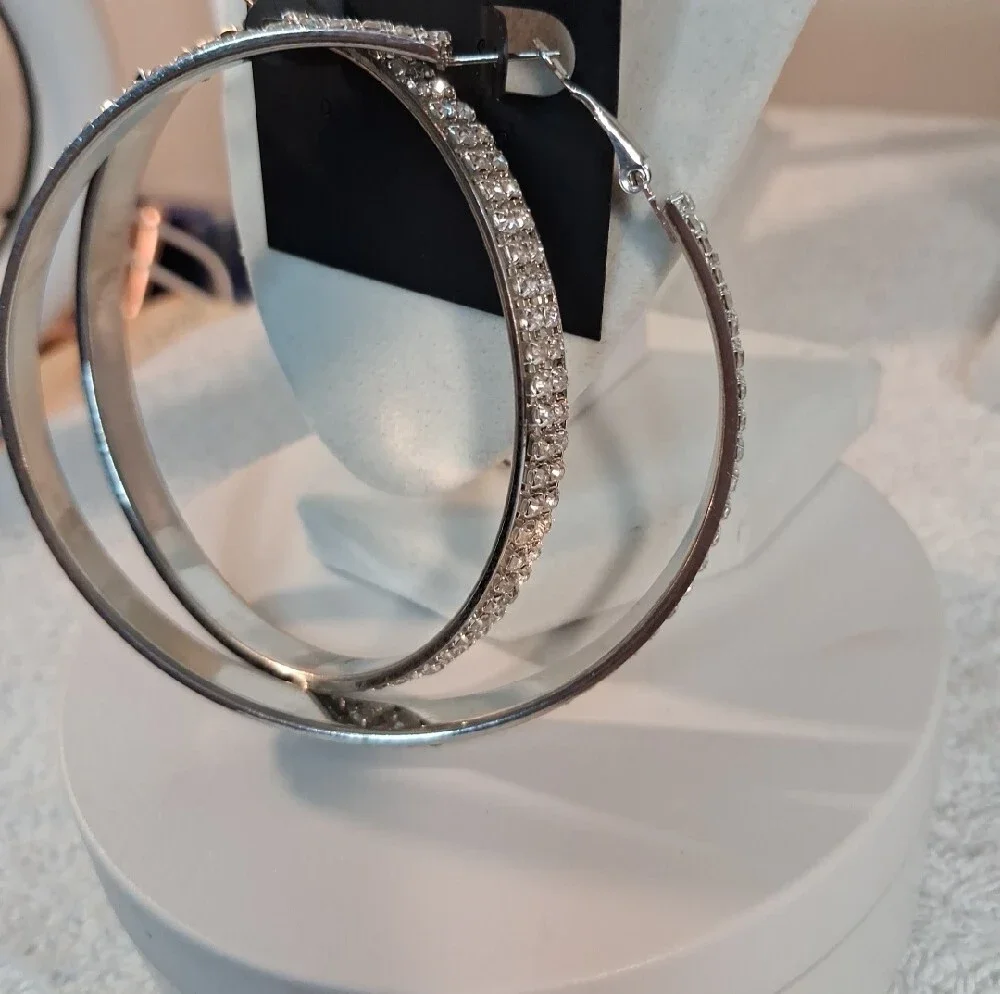 Large Rhinestone Hoop Earrings - Silver Sparkle